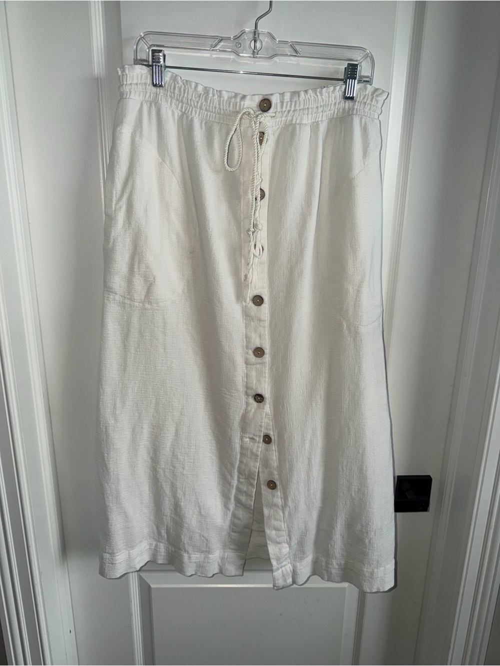 Free People Womens Large White Button Front Midi Skirt Drawstring Boho Coastal